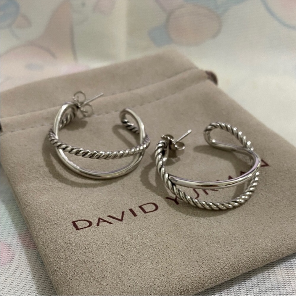 David Yurman Silver Twisted Hoop Earrings - Silver
